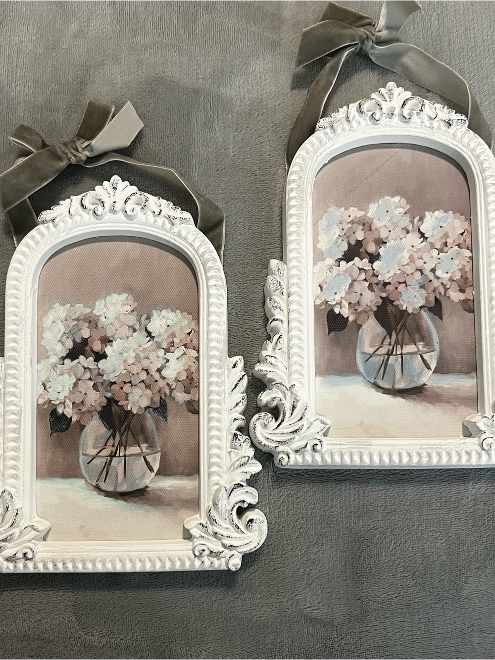 Floral Bouquet Wall Art Pair - White Ornate Frames, Flowers LAST SET